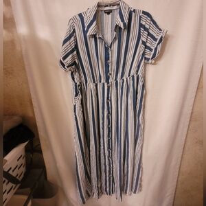 Torrid White and Dark Teal Striped Shortsleeve Button Up Dress